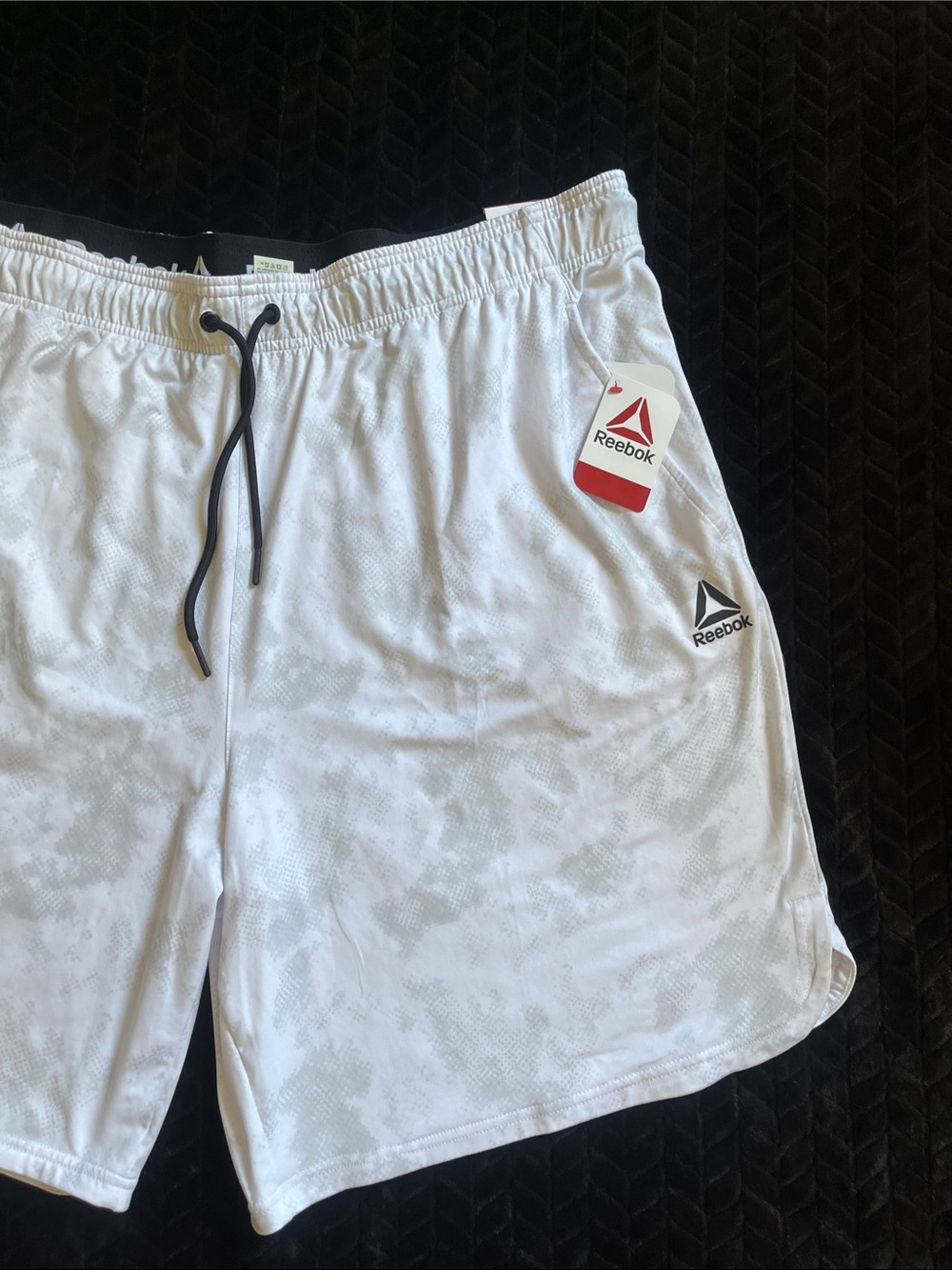 Reebok White Athletic Shorts with Light Gray Camo and Black Drawcord - Picture 3 of 8